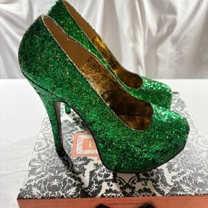 Bordello Teeze-06G Green Glitter Platform Pumps Womens Size 9 Burlesque Heels